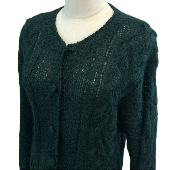 Vtg Talbots Mohair Blend Open Cable Knit Cardigan Sz L Oversized Forest Green - Picture 11 of 12